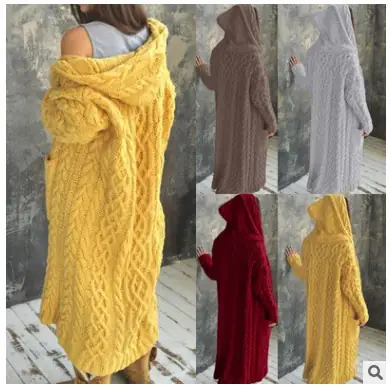 Thick Knitted Hooded Long Cardigan Sweater for Women Grey