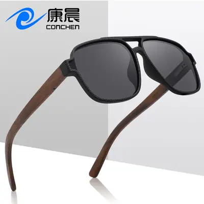 Men Anti-UV Polarized Sunglasses Black Brown Bamboo Legs
