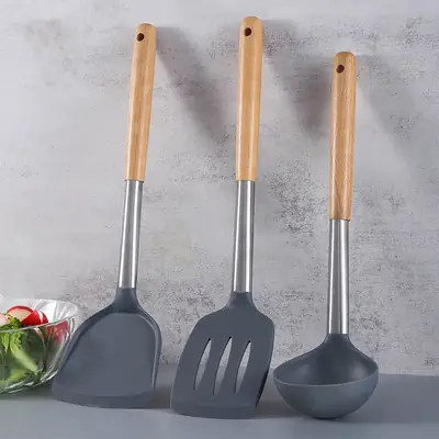 Non-Stick Silicone Cooking Pan Shovel Spoon with Wooden Handle