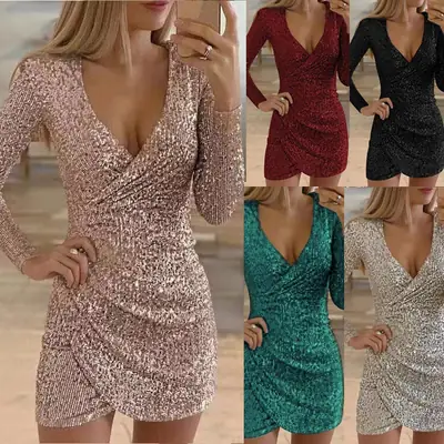2020 Sequin V-Neck Hip-Covering Skirt Dress
