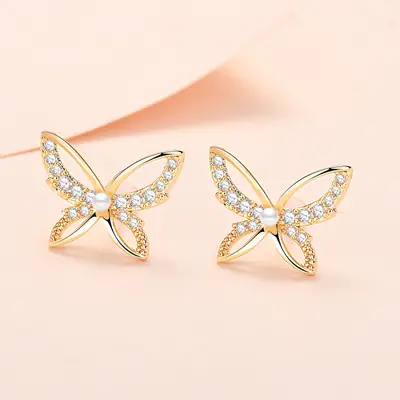 Factory Wholesale Butterfly Earrings with Zircon Round Face Design