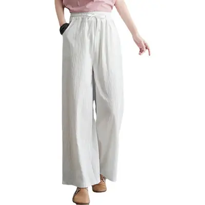 Women Cotton Linen Wide Leg Pants Orange Green High Waist