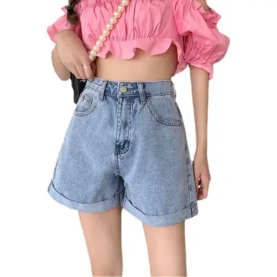 Women Wide Leg Denim Shorts 2021 Summer High Waist Curling