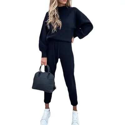 2021 Women's Black Sweatshirt Set with Faux Fur Hoodie