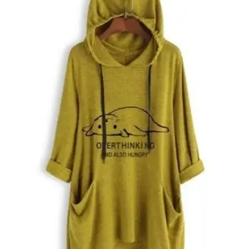 Women Oversized Blue Hooded T-Shirt with Overthinking Graphic