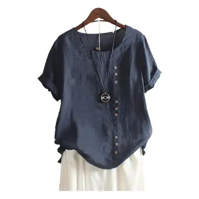 2023 Summer Button Cotton Linen T-Shirt Large