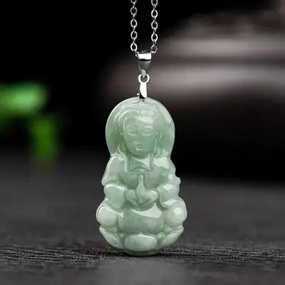 Natural Jade Buddha Pendant 925 Silver Set