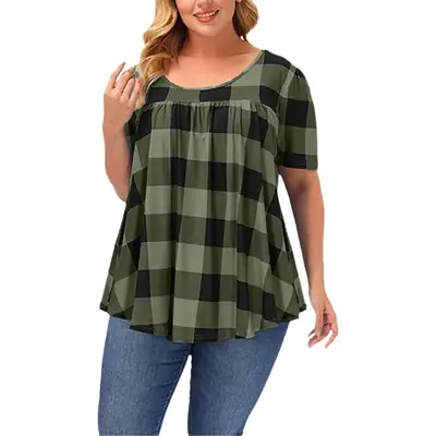 Summer Plaid Crewneck Top Women Large Size