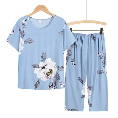 60-70yo Cotton Palm Print Pajama Set Blue Yellow