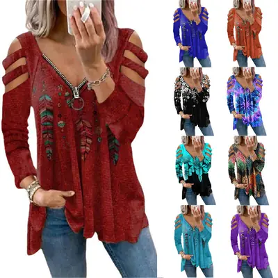 2022 Grey Embroidered Cold Shoulder T-Shirt for Women