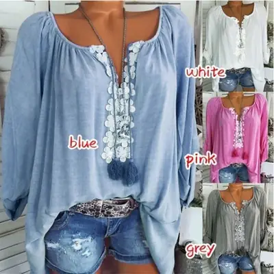 Large Size Loose Sleeve Women's Grey Lace Top