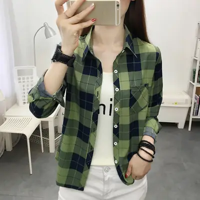 Women's Green Plaid Long Sleeve Shirt Korean Style