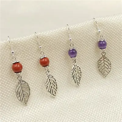 Crystal Agate Leaf Earrings Silver Handmade Lapis Lazuli