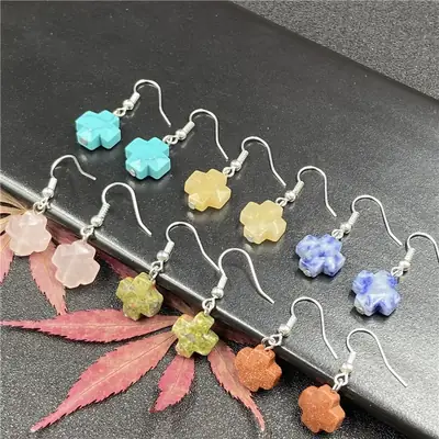 Natural Stone Crystal Agate Cross Earrings European American
