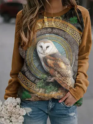 Women Long Sleeve Owl Print Sweater Top Brown