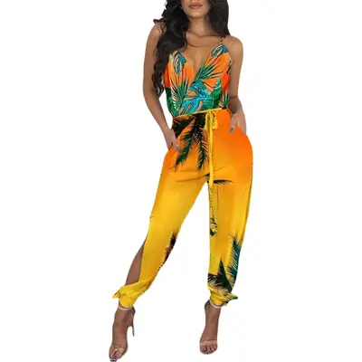 New Peacock Feather Print V-Neck Jumpsuit for Women