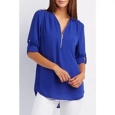 Women Chiffon Blouse Red Summer Top with Zip Front