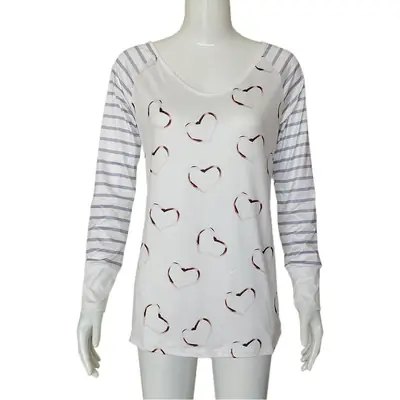 White Heart Print Long Sleeve V-Neck T-Shirt for Women