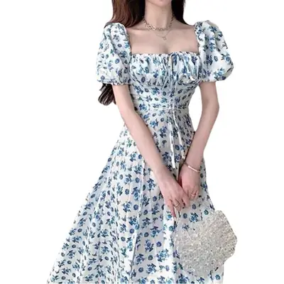 French Style Floral Long Slit Dress for Women