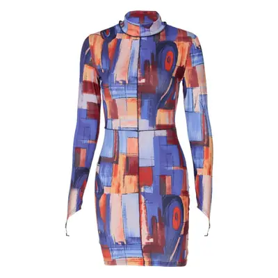 Women's Oil Painting Printed High Neck Skirt Dress