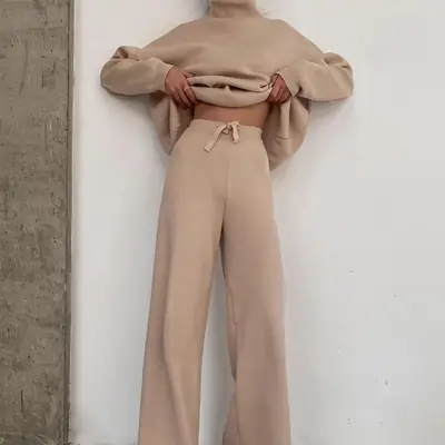 2025 Women's Beige Knitted Wide Leg Pants Set
