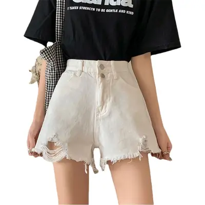 Women Black Ripped Denim Shorts High Waist Breasted