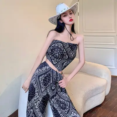 Women's Vintage Blue Porcelain Printed Wide Leg Pants Set