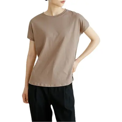 Women Side Slit T-Shirt Beige Cotton 165cm