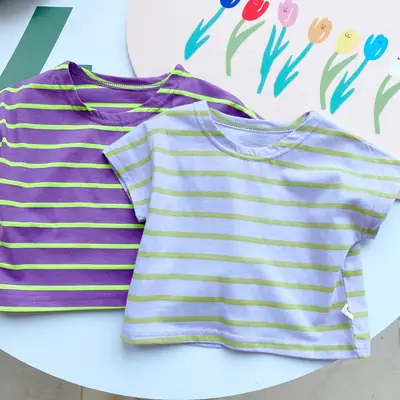 Children Striped Cotton T-Shirt Purple Green Summer
