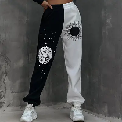 Women's Sunflower & Moon Graphic Sweatpants Black White High Waist