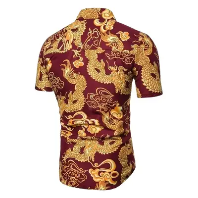 Men's Dragon Print Lapel Shirt Blue Gold Short Sleeve