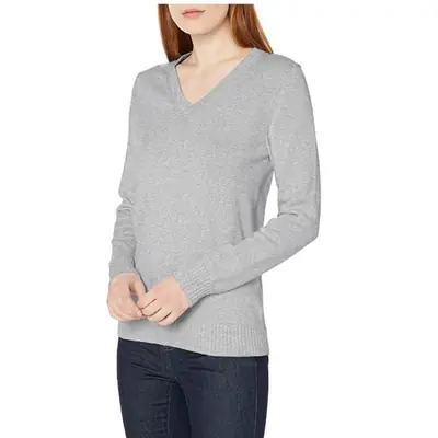 Women V-Neck Pullover Sweater Gray Knit 2025