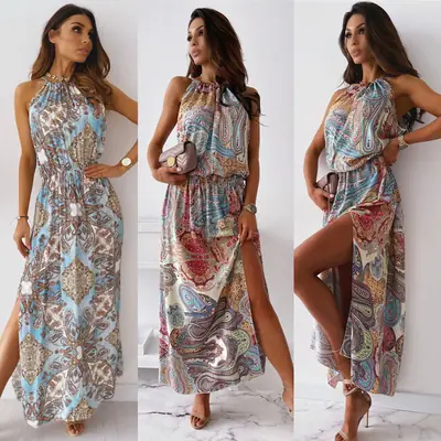 2023 Printed Halter Waist Slit Dress Women