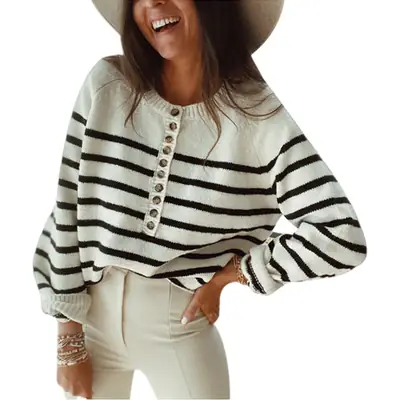 Women's Knitted Striped Pullover Top Brown White Button Front