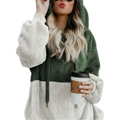 Patchwork Plush Sweatshirt Green White Hooded