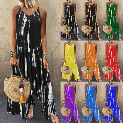 Green Tie-Dye Long Skirt Dress for Women