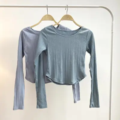 Light Blue Ribbed Long Sleeve Top with Tie Front