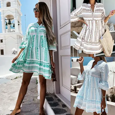 2024 Printed V Neck Loose Waist Pullover Dress