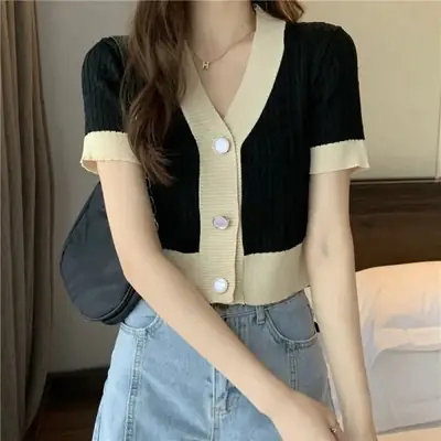 Women V-Neck Knitted Cardigan Black Beige Short Sleeve