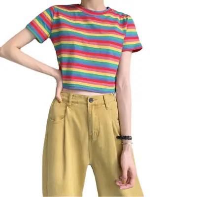 Women Rainbow Striped Short Sleeve T-Shirt 2021 Summer