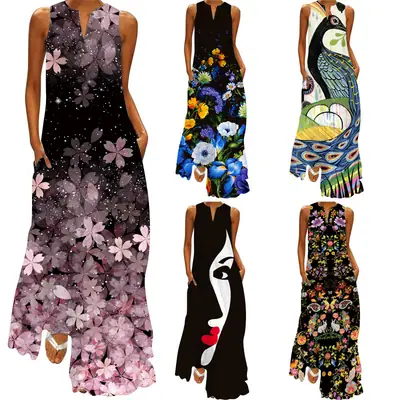 2026 Printed V Neck Sleeveless Long Dress for Women