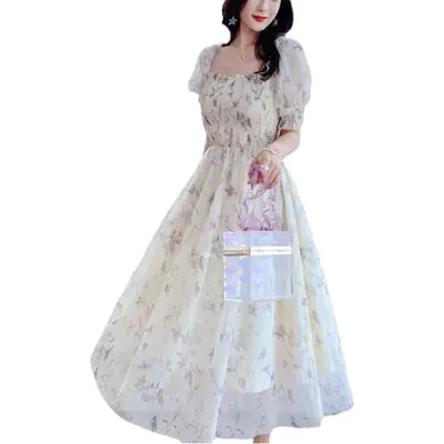 2024 Summer French Ink Painting Bubble Sleeve Dress