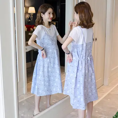 Light Blue Heart Print Korean Style Pregnant Women Dress Large