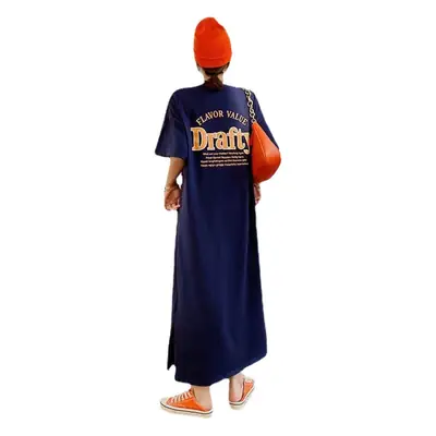 Women's Slit Printed T-Shirt Long Skirt Set Navy Blue