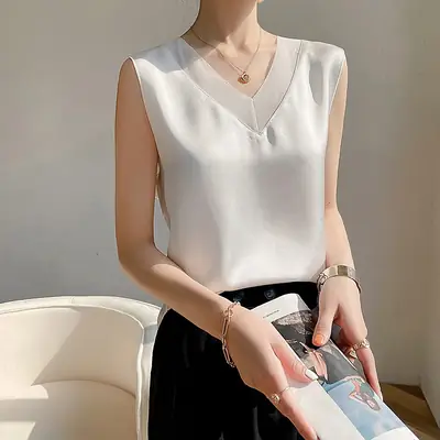Women's V-Neck Sleeveless Silk Top Summer Suit