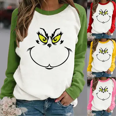 Women Hoodless Crewneck Contrast Sweater with Cartoon Print