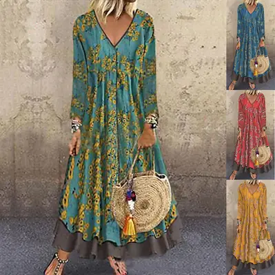 2025 V-Neck Fake Two-Piece Dress Blue Printed