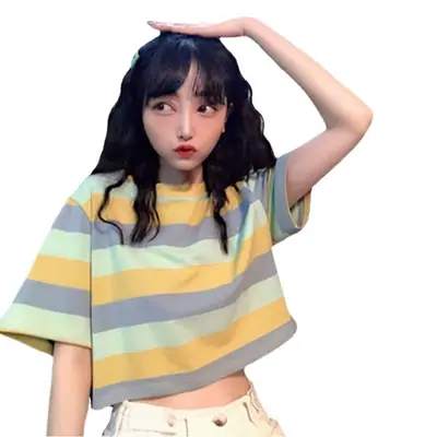 Korean-style Rainbow Striped Short T-shirt for Women