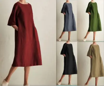 Women Cotton Linen Dress Round Neck Sleeveless 2168
