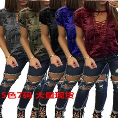 Women's Large Size Camouflage Low Cut T-Shirt with Hollow Straps